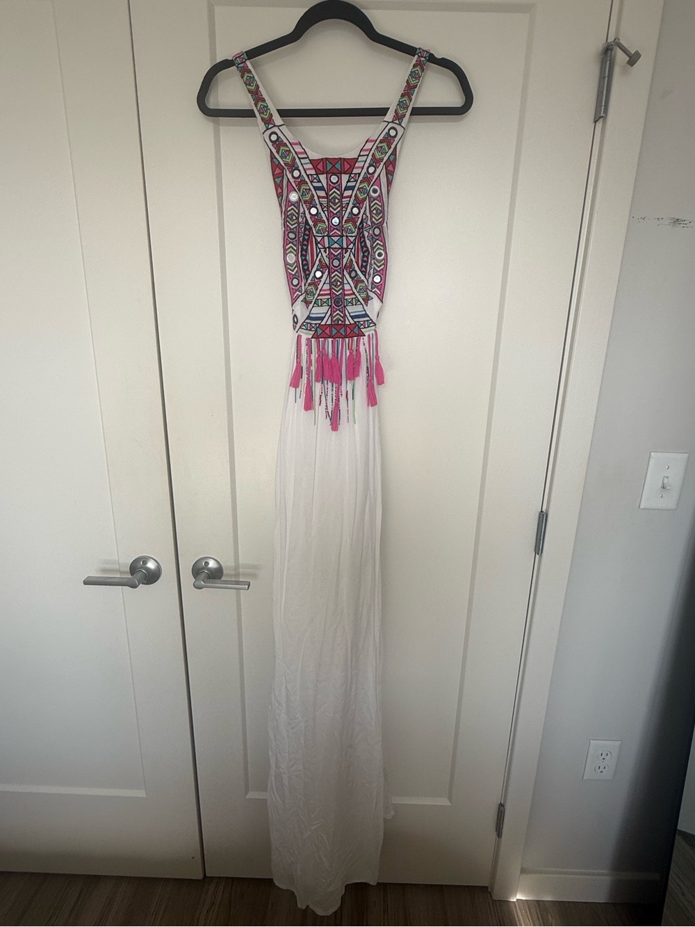 Mara Hoffman Boho Embroidered White Maxi Dress with Pink Tassels and Pockets